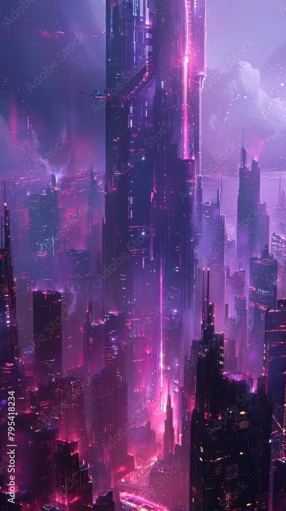 A tall purple skyscraper in a futuristic city with a purple sky and clouds.