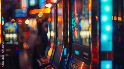 A casino with a lot of slot machines and a few chairs photo