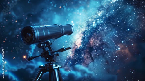 A telescope is pointed up at a starry night sky.