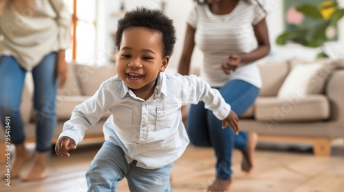 Parents' joy watching their toddler take their first steps