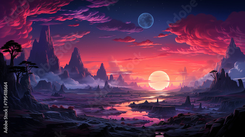A vast, alien desert landscape with unusual rock formations, bathed in a gradient of surreal colors. © Best