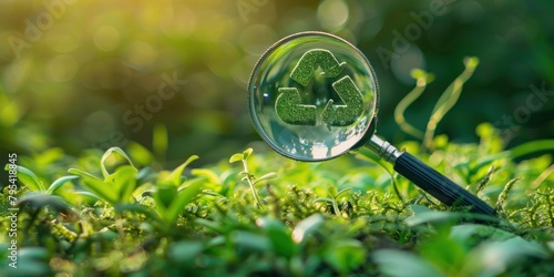 Magnifying glass with symbols reducing carbon emissions, sustainable development and green business concept.