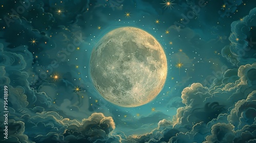 Moon: A whimsical illustration of the moon with a face, surrounded by twinkling stars and fluffy clouds