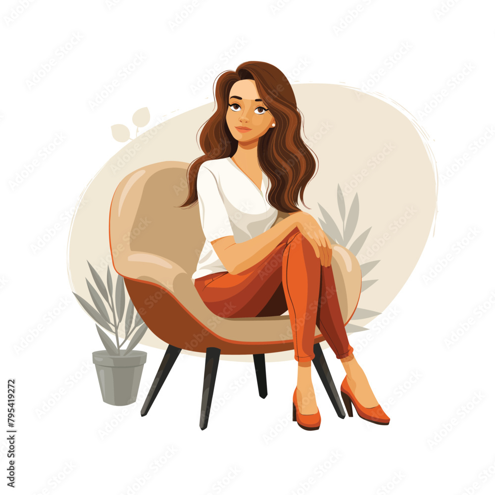 Obraz premium A woman is sitting in an armchair, a flat illustration isolated on a white background