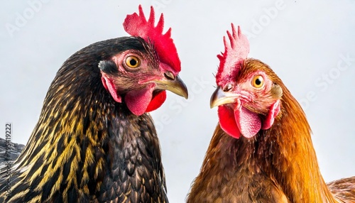 two chickens isolated on white background looking at the camera