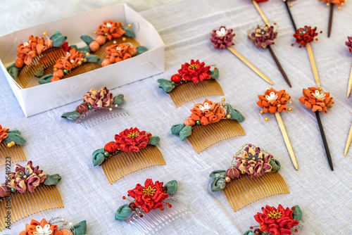 Beautiful hair clips with flowers in Japanese style.