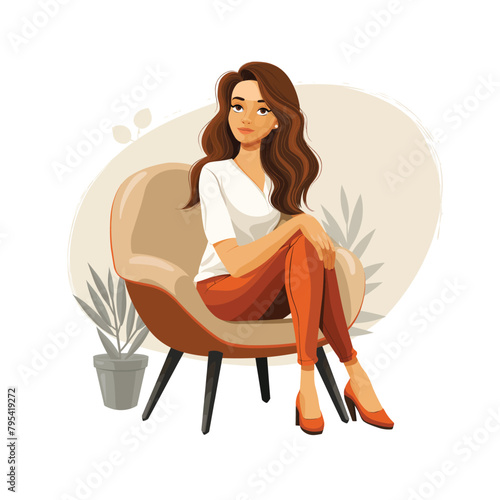 A woman is sitting in an armchair, a flat illustration isolated on a white background