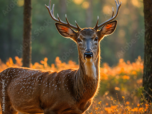 Beautiful portrait of a sika deer amidst in autumn forest, Generative AI  photo
