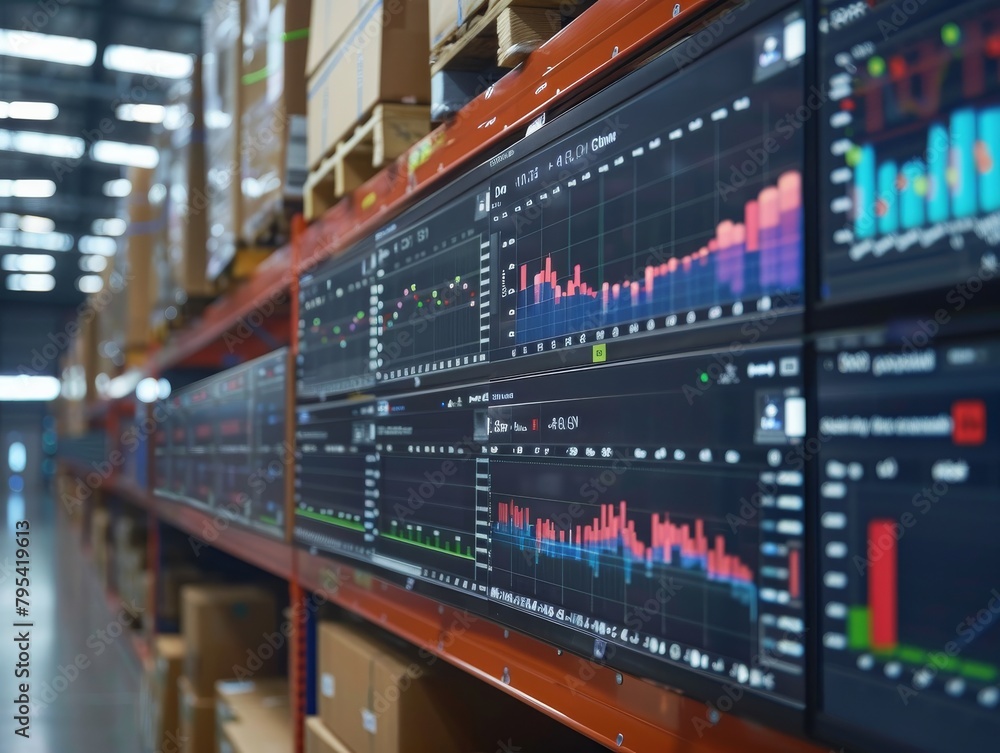 A warehouse with shelves full of boxes and a screen with graphs and charts.