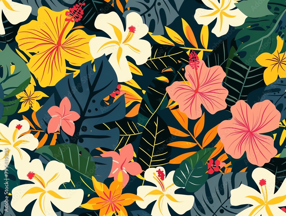 A seamless pattern with colorful hibiscus flowers and tropical leaves on a dark blue background. A seamless pattern with colorful hibiscus flowers and tropical leaves on a dark blue background.