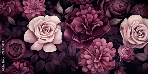 Deep aubergine and blush pink flowers creating a luxurious seamless pattern.