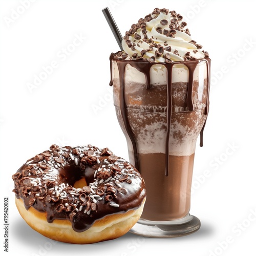 Una rica malteada con triple porción de crema y chocolate,junto a una dona deliciosa