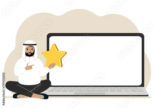 Online feedback, customer experience, user satisfaction concept. Man giving star rating online using laptop. Positive feedback, business survey. Isolated vector illustration