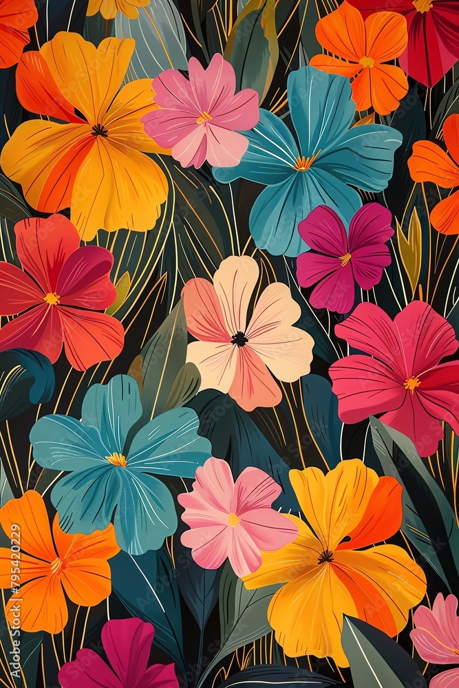 Colorful floral pattern with pink, blue, orange, and yellow flowers.