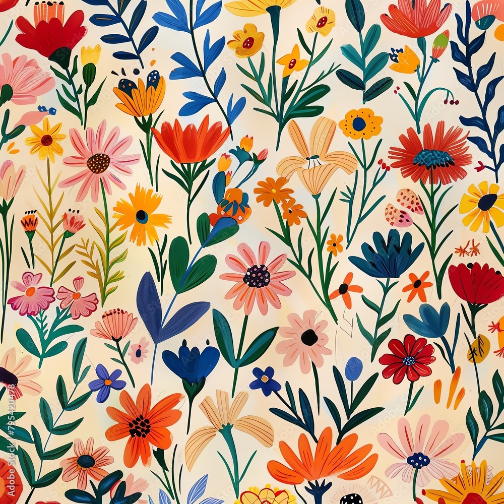 A seamless pattern of colorful flowers and leaves. A seamless pattern of colorful flowers and leaves.
