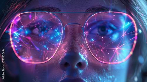 A woman wearing glasses with a glowing network of lines and dots.