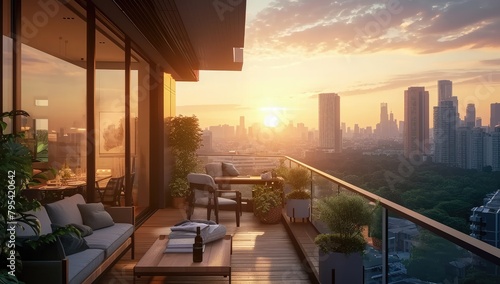 Urban Retreat: Apartment Condominium Interior Design Blending Living Room Luxury with Cityscape Balcony Terrace © Solo Leveling
