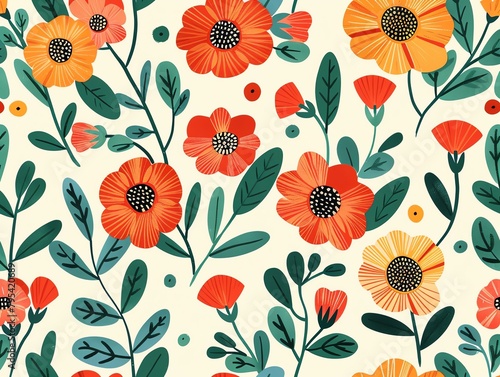 A seamless pattern of hand-drawn flowers in a retro style. The flowers are orange, red, and yellow, with green leaves. The background is a light cream color.