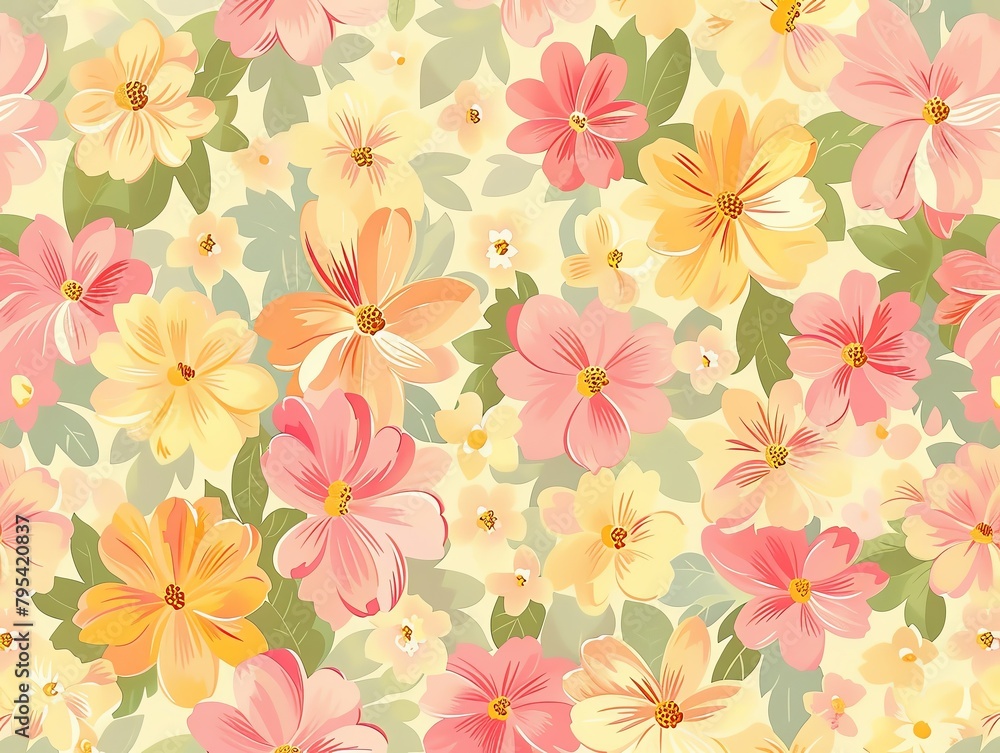 A seamless pattern of pink and yellow flowers on a light yellow background. A seamless pattern of pink and yellow flowers on a light yellow background.