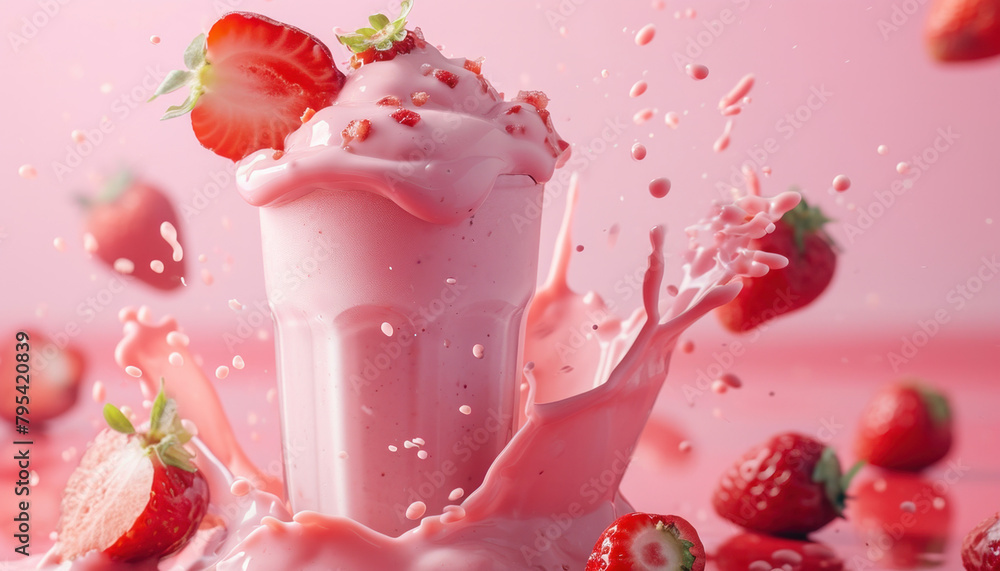Delicious strawberry milkshake splashing on pink background with scattered strawberries Delicious strawberry milkshake splashing on pink background with scattered strawberries
