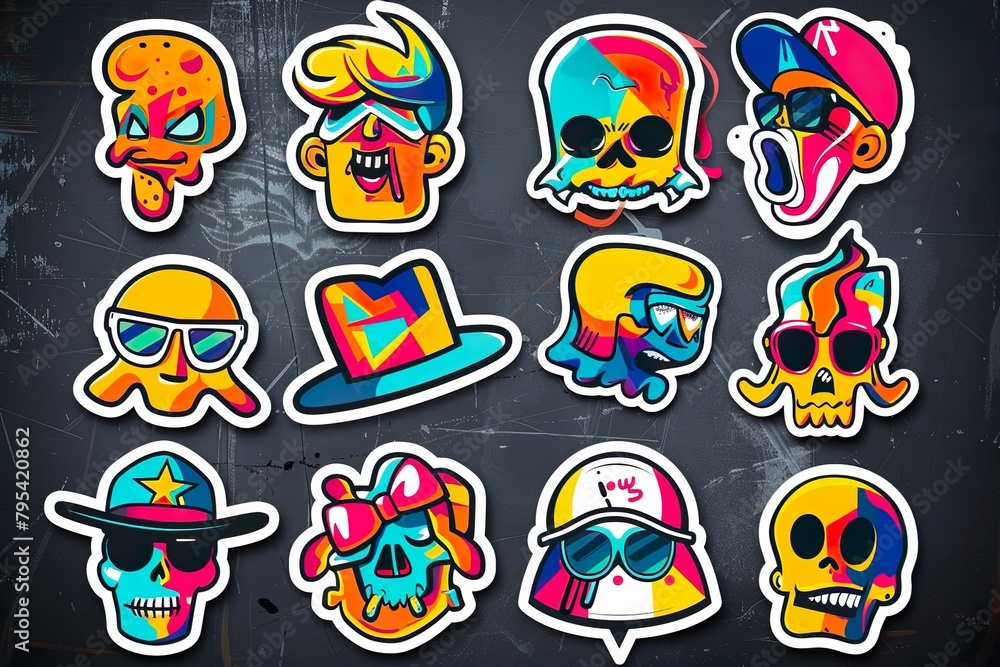 A set of vibrant, playful cartoon skull stickers with various expressions and accessories, exuding a fun and edgy aesthetic.