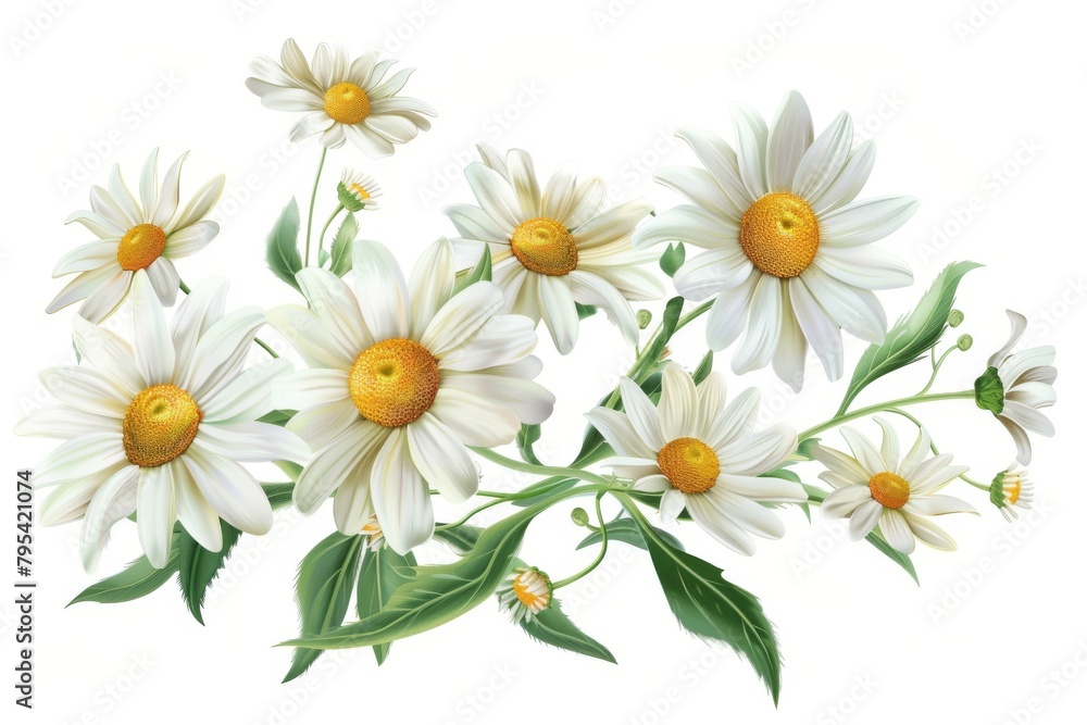 A bouquet of white daisies with yellow centers. The flowers are arranged in a way that they are all facing the same direction, creating a sense of unity and harmony A bouquet of white daisies with yellow centers. The flowers are arranged in a way that they are all facing the same direction, creating a sense of unity and harmony