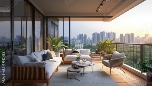 Urban Retreat: Chic Apartment Condominium Interior Design Seamlessly Blends Living Room Comfort with Balcony Terrace Charm