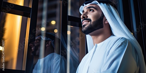 Charismatic image of a young Arab businessman, his smile radiant and confident, exuding warmth and professionalism. photo