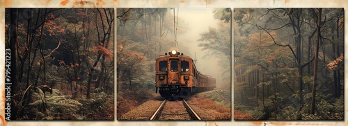 Three panel wall art showing a vintage train journey through changing landscapes photo