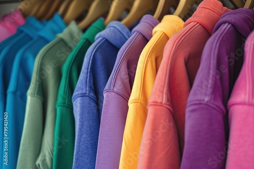 Row of different colorful youth cashmere sweaters and hoodies, sweatshirts and on a clothes rack. Multicolored sweaters, hoodie hang on hangers in clothing store for sale. Set of fashion clothes