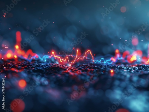 An abstract glowing blue and red wave pattern on a dark blue textured background.