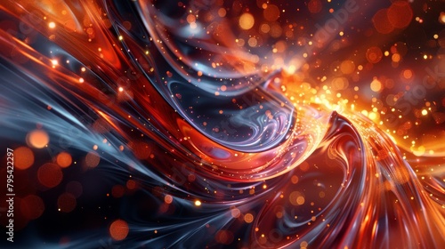 An abstract painting with vibrant red and orange hues, featuring a blend of swirling shapes and glowing particles.