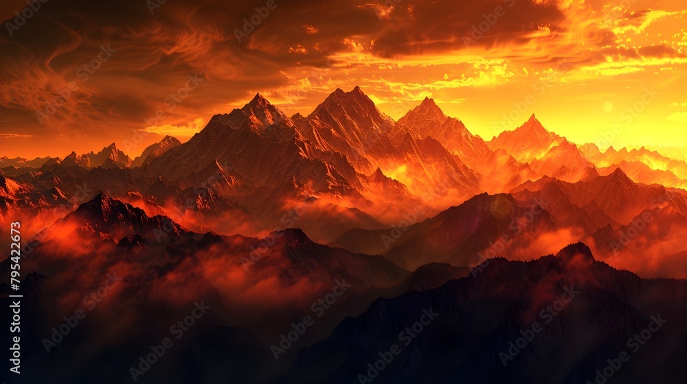 Mountain Peaks Silhouetted Against Intense Sunset Glow