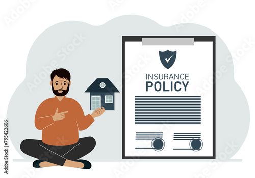 A man holds in his hands at home next to a large insurance contract. Home and real estate insurance concept. Vector flat illustration