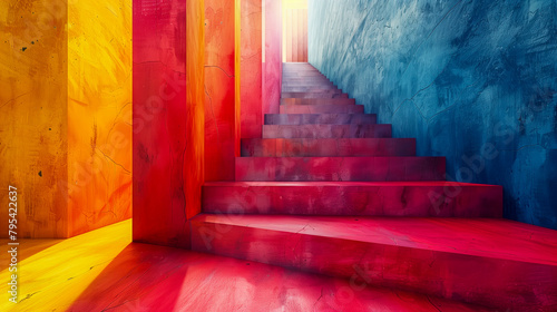 3d creative background of red and purple steps and colourful concrete walls in city.