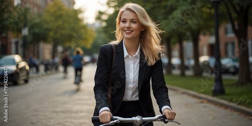 A beautiful girl on a bicycle in the city is going to work. photo