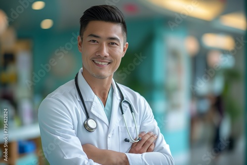 Confident male doctor with arms crossed, stethoscope around neck, in a hospital corridor