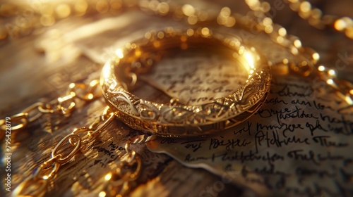 An ancient gold ring on a table covered with old manuscripts. photo