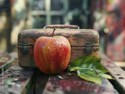 An apple with water drops sits in front of an old rusty toolbox.