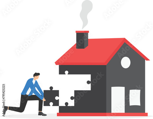 People holding jigsaw pieces to finish a house, complete puzzle parts of house, real estate investment vector concept

