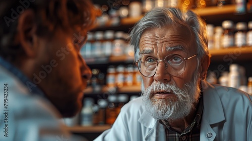 An elderly man wearing a lab coat and glasses looks at another person off camera with a concerned look on his face. photo