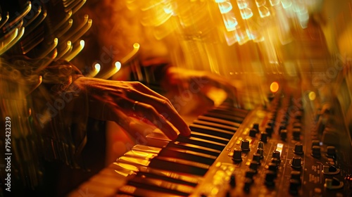 An electronic musician plays a synthesizer with a lot of backlighting. photo