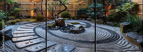 Triptych wall art featuring traditional Zen gardens in different compositional styles and times of day photo
