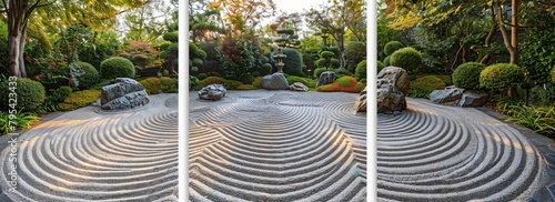 Triptych wall art featuring traditional Zen gardens in different compositional styles and times of day photo