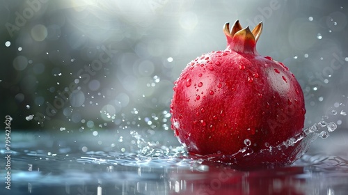 A wet red pomegranate sits on a reflective surface.