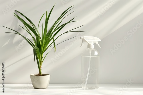 Gardening spray bottle on a soft transparent white surface, perfect for plant care graphics