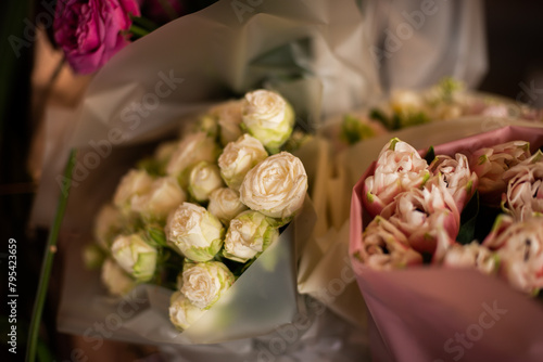 bouquet of pink roses at a party close-up