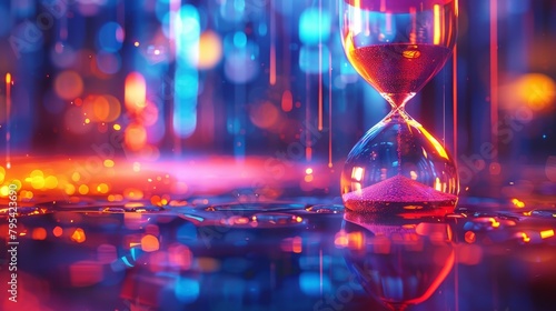 An hourglass timer with glowing sand and a colorful blurred background.