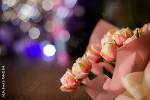 bouquet of pink roses at a party close-up