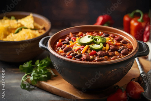 Hot chili con carne. mexican food tasty and spicy
